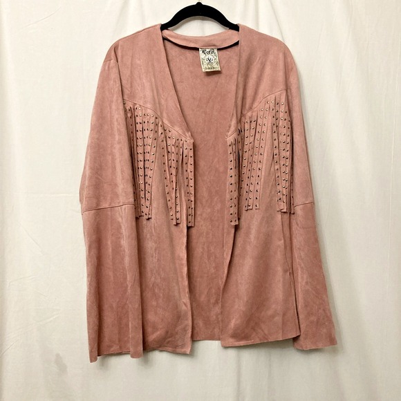 Vocal Jackets & Blazers - Vocal USA Pink Faux Suede Open Front Coatigan w/Studded Fringe & Pockets - 1X